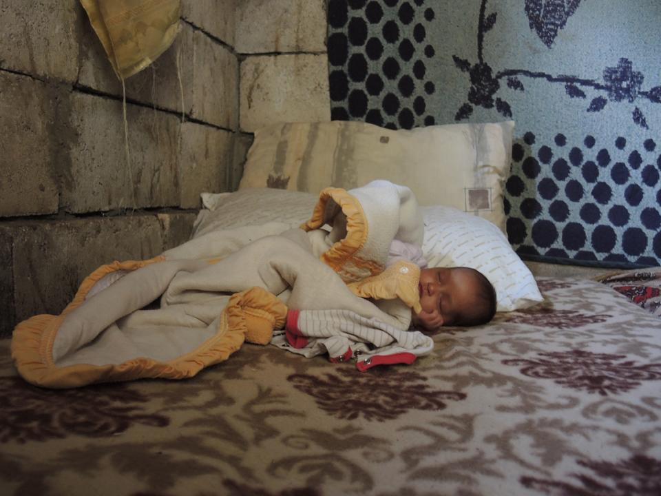 In the tented gathering inside the Ain el-Helweh Palestinian camp in Saida, this two-month old little boy arrived with his mother from Syria one week after his birth.