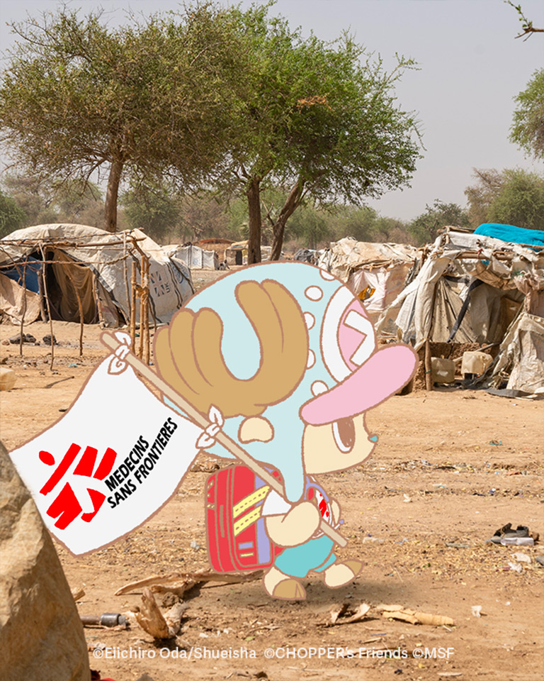 Chopper walking in front of some desctructed buildings