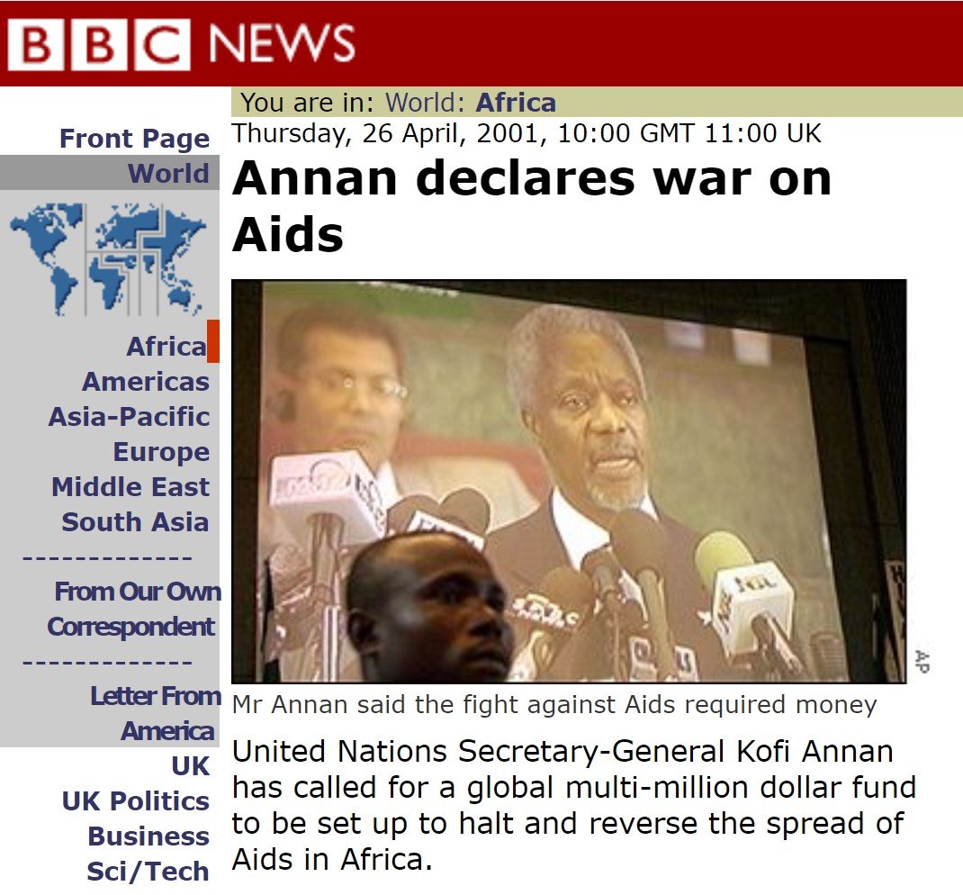 BBC article screenshot Annan declares war on AIDS