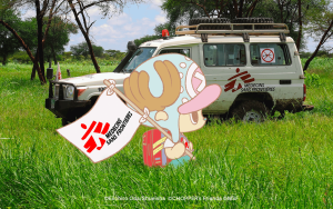 Tony Tony Chopper in MSF gear walking near an MSF landcruiser