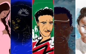 Five illustrated portraits taken from the humans in transit exhibit.