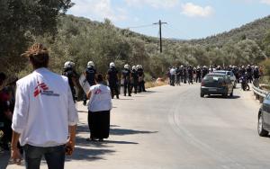 Anti-migrant attack on health facilities outside Moria camp, Lesbos, Greece