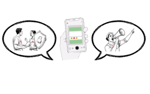 two speech bubbles show msf staff talking about speaking out and privacy with a mobile phone in the middle