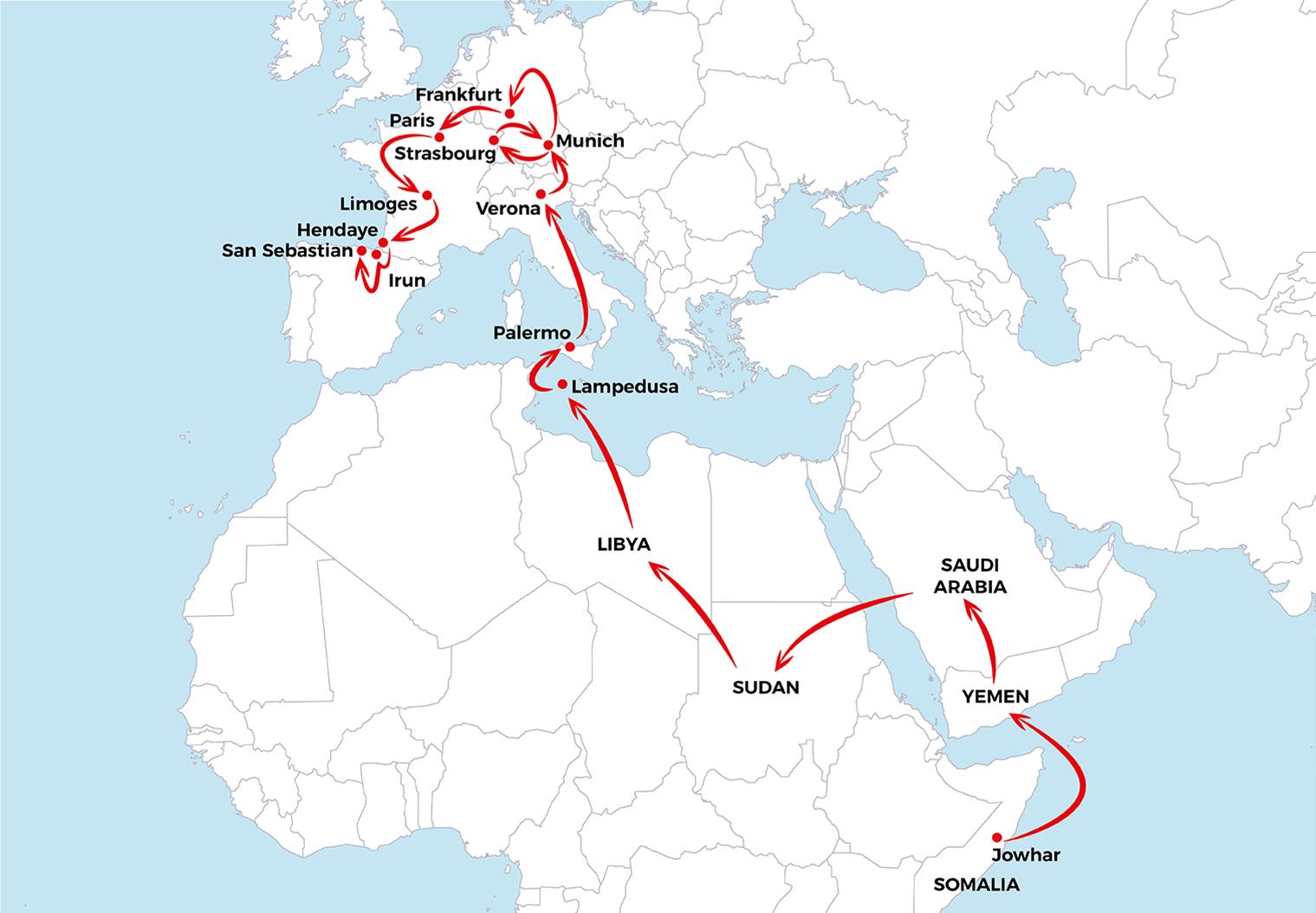 A map showing Asad's journey from Somalia to Europe