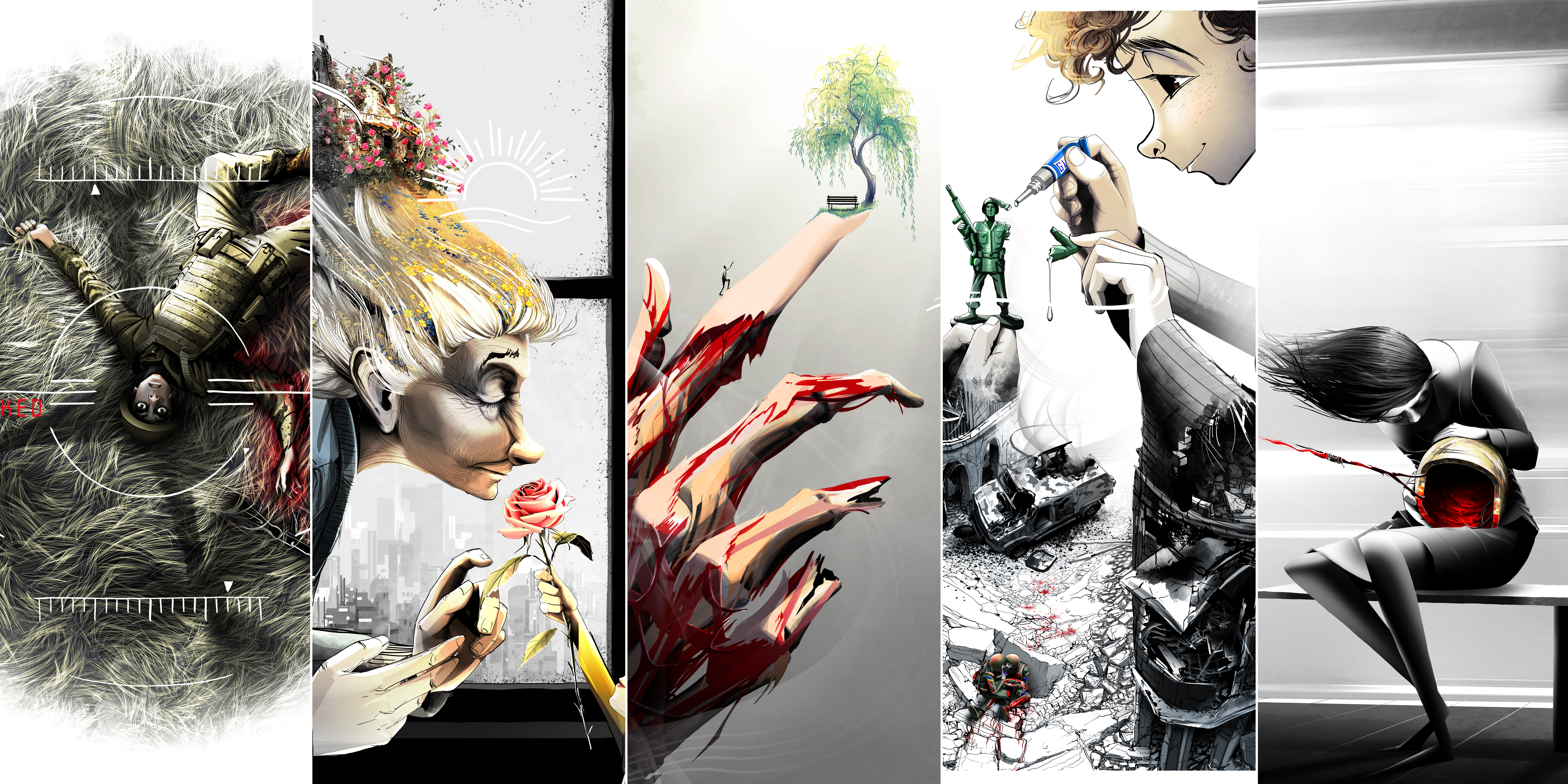 A selection of illustrations by Ella Baron, composed from testimonies of patients in Cherkasy and Vinnytsia, Ukraine.