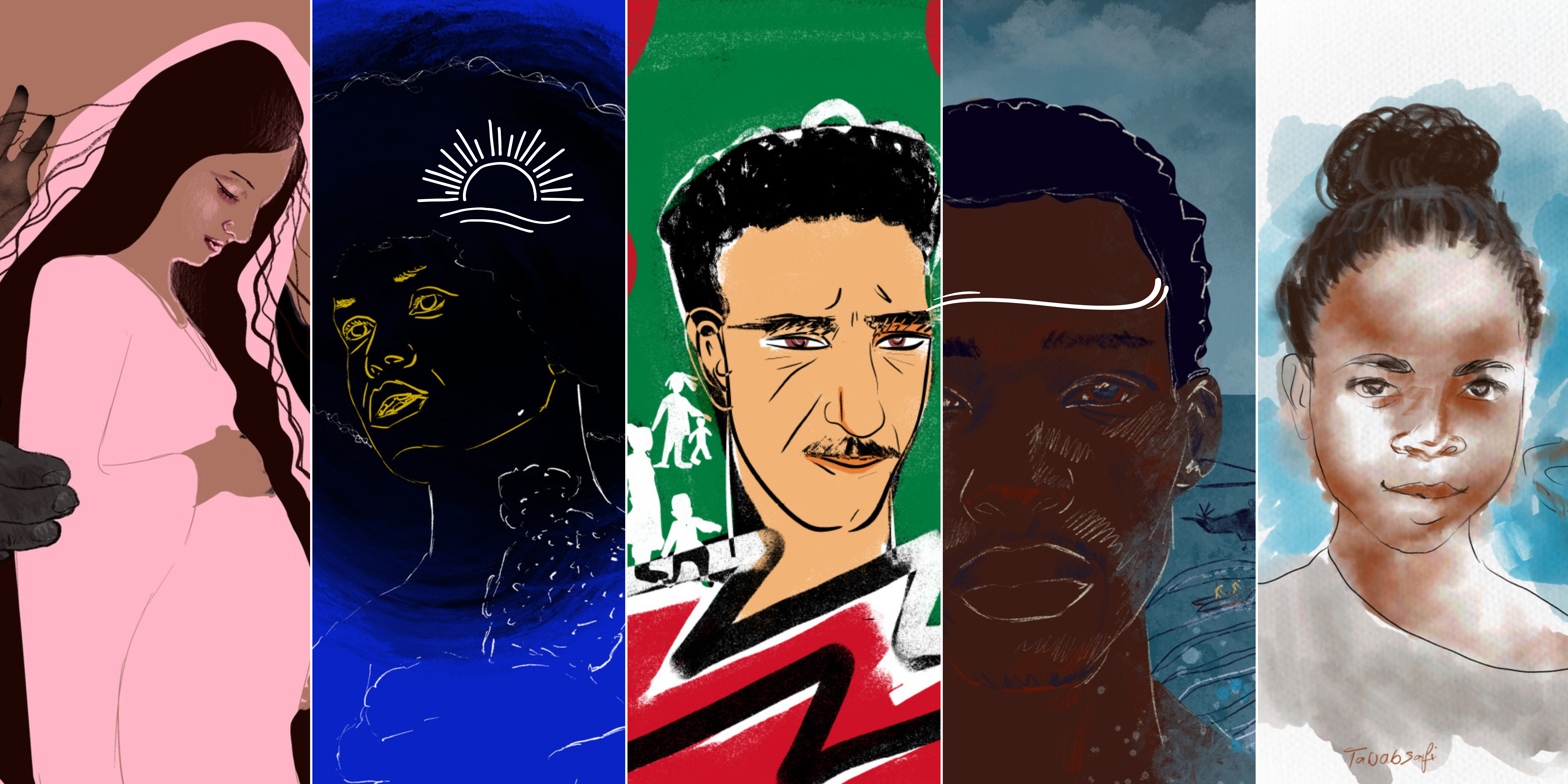 Five illustrated portraits taken from the humans in transit exhibit.