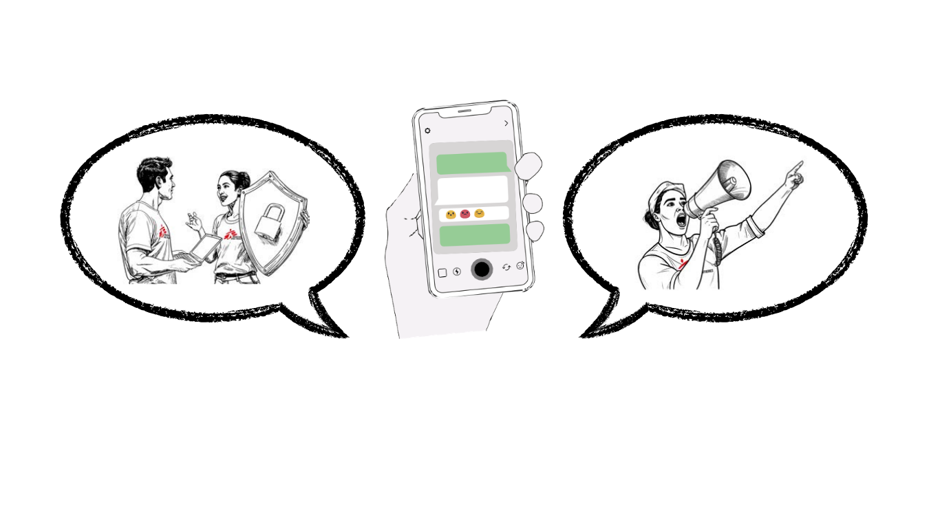 two speech bubbles show msf staff talking about speaking out and privacy with a mobile phone in the middle