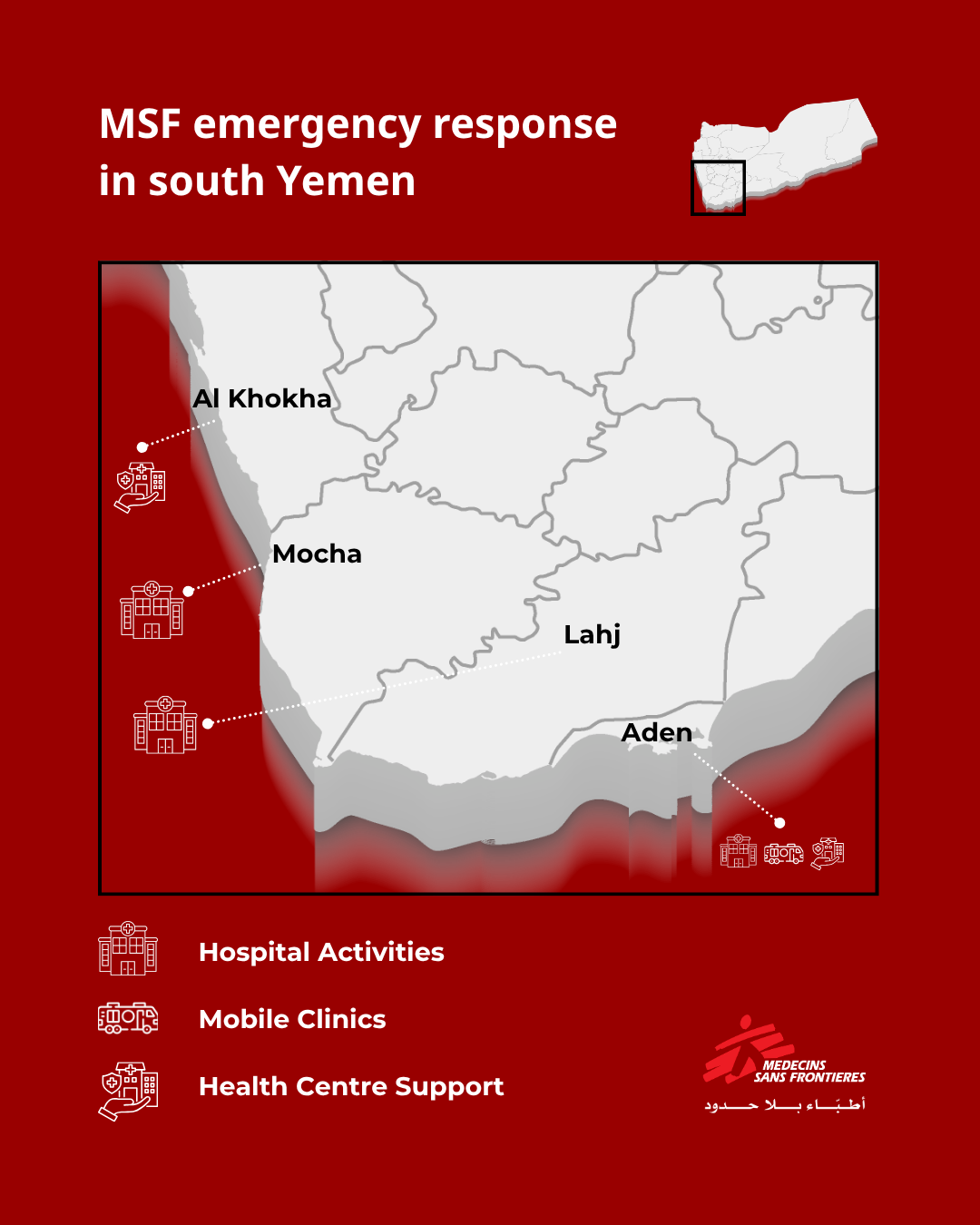 A map of MSF activities in south Yemen, as of 8 October 2026.
