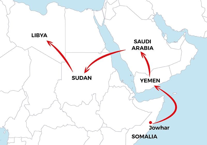 A map showing Asad's journey from Somalia to Libya