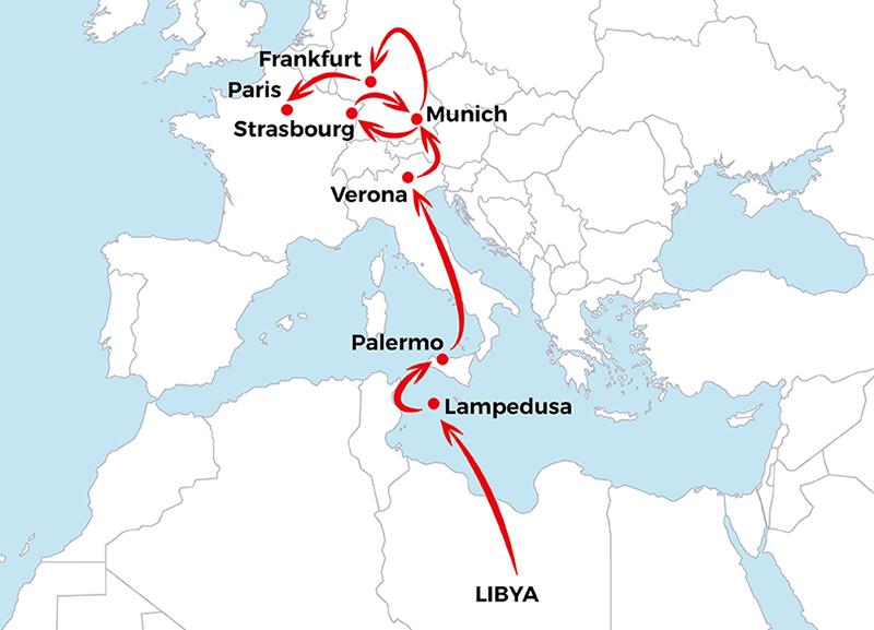 A map showing Asad's journey from Libya to Europe