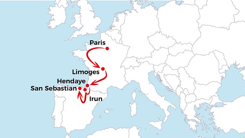 A map showing Asad's journey in Europe