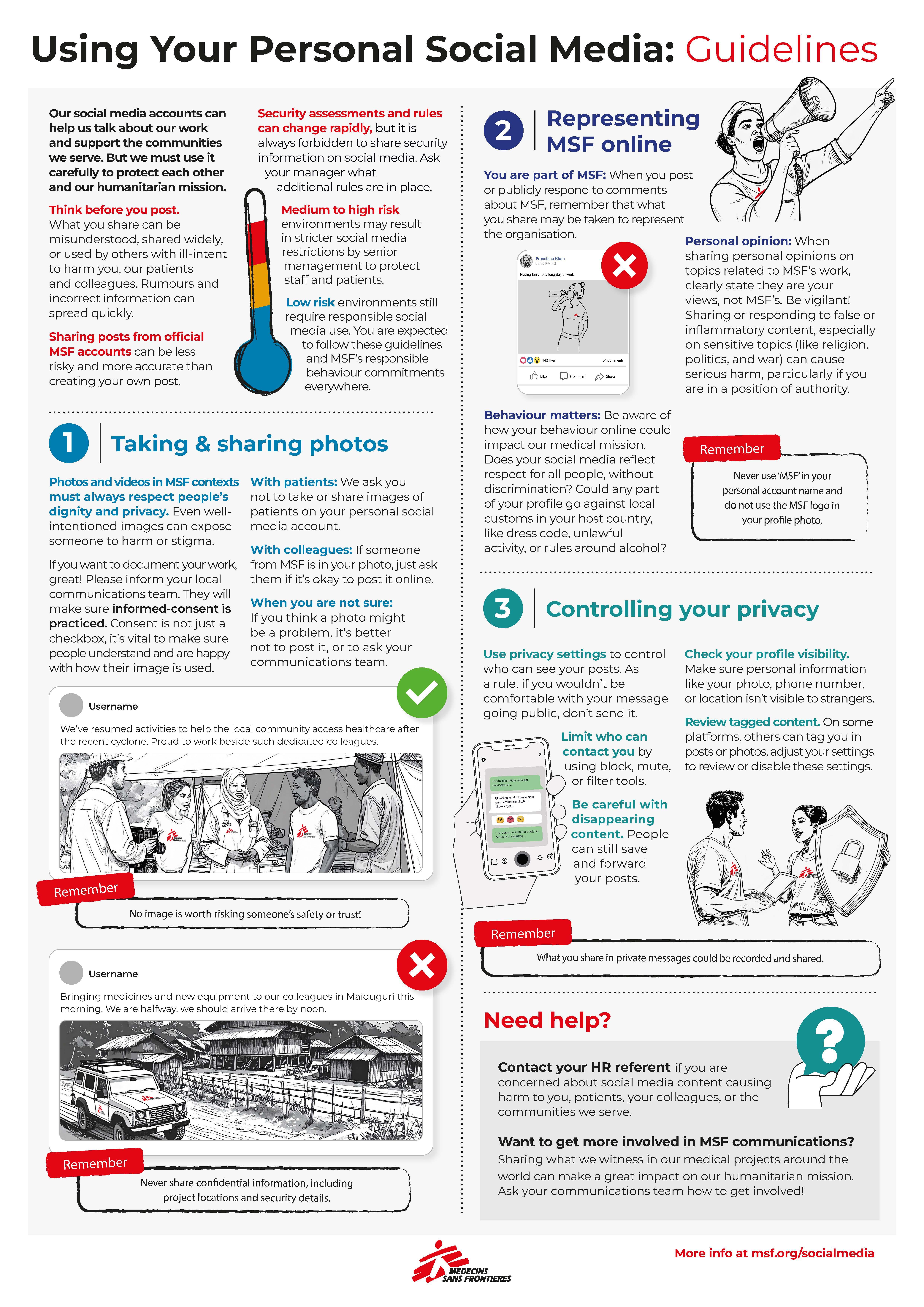 English language poster detailing guidance for personal social media use while working at MSF
