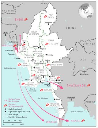 Les projets de MSF au Myanmar et les routes d'exode des Rohingya